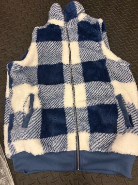 Blue and White Plush Checkered Zip-Up Vest